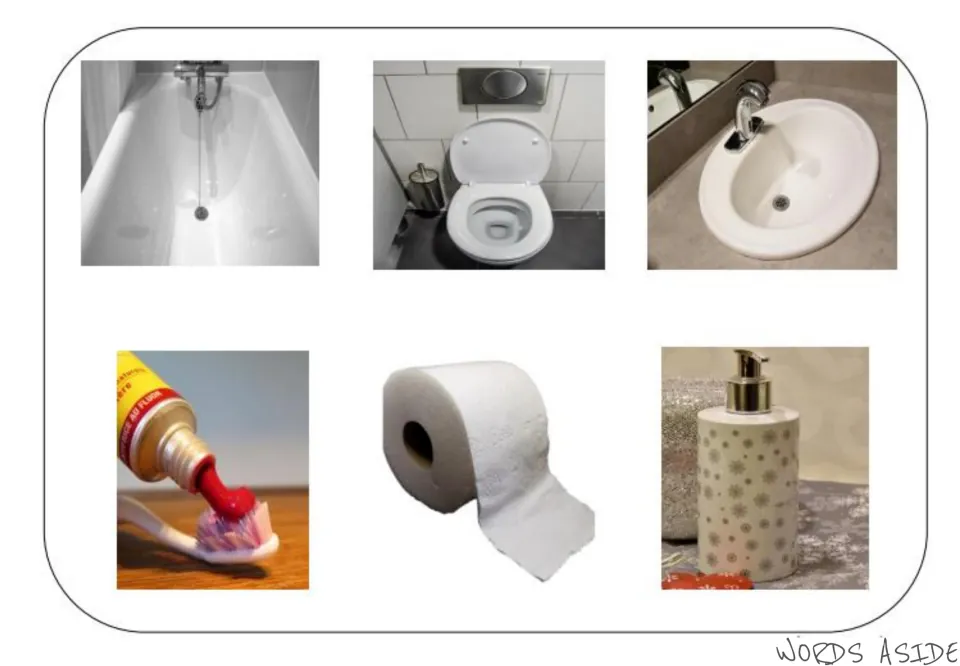 Bathroom vocabulary photo mat showing a bathtub, toilet, sink, toothpaste, toilet paper, and soap dispenser