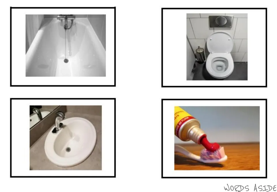 Bathroom vocabulary photo cards 1–4 show a bathtub, toilet, sink, and toothpaste squeezed onto a toothbrush