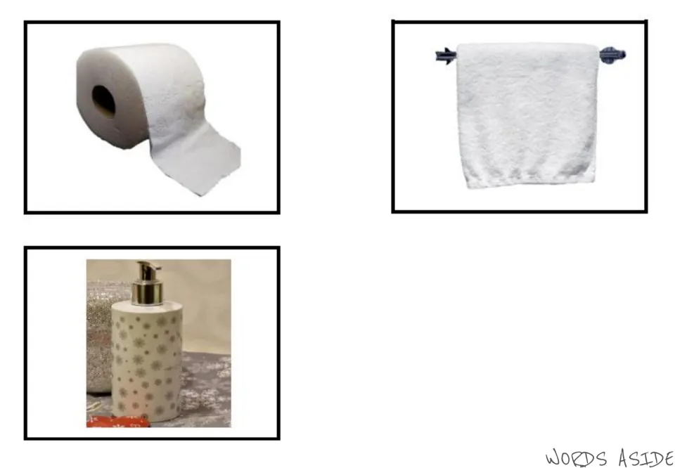 Bathroom vocabulary photo cards 5–7 show a roll of toilet paper, a towel hanging up, and a soap dispenser