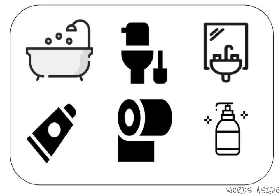 Bathroom vocabulary symbol mat showing a bathtub, toilet, sink, toothpaste, toilet paper, and liquid soap