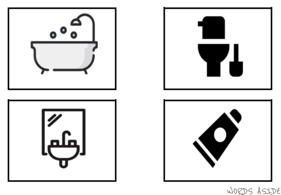 Bathroom vocabulary symbol cards 1–4 depict a bathtub, a toilet, a sink with a mirror, and a toothpaste tube