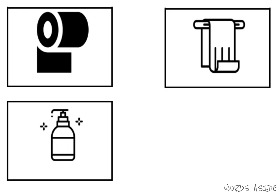 Bathroom vocabulary symbol cards 5–7 depict a toilet paper roll, a towel on a rack, and a liquid soap bottle