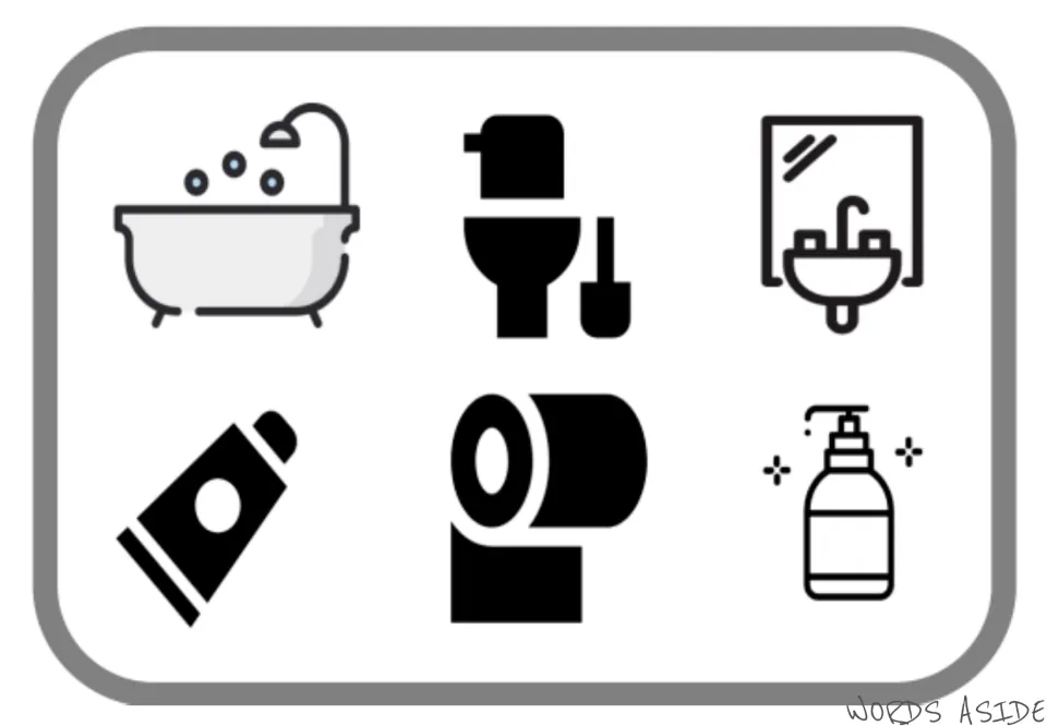 Second bathroom vocabulary symbol mat repeats the bathtub, toilet, sink, toothpaste, toilet paper, and soap