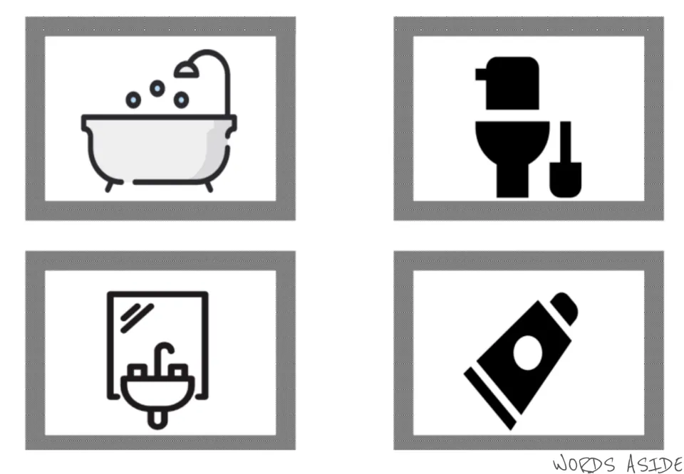 Second bathroom symbol card set, cards 1–4: bathtub, toilet, sink with a mirror, and a toothpaste tube
