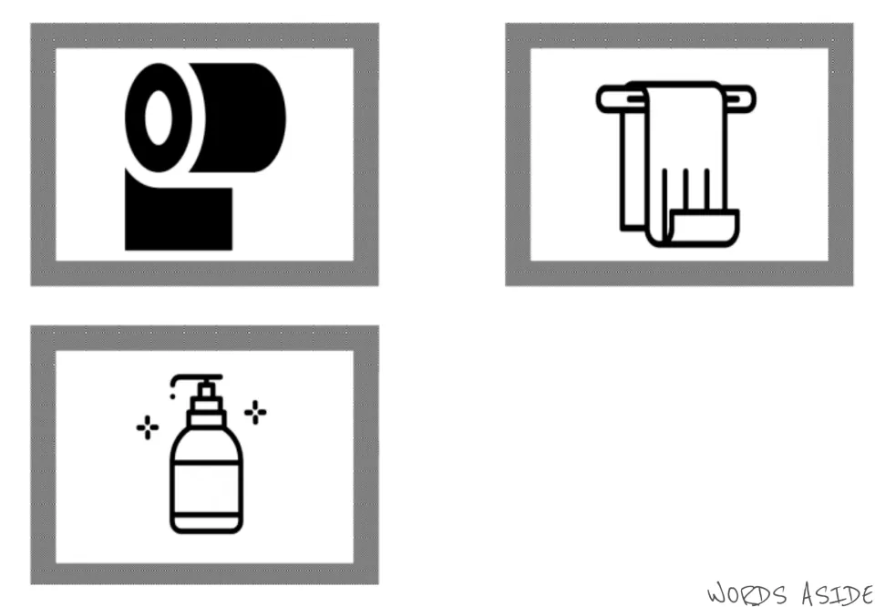 Second bathroom symbol card set, cards 5–7: a toilet paper roll, a towel on a rack, and a liquid soap bottle