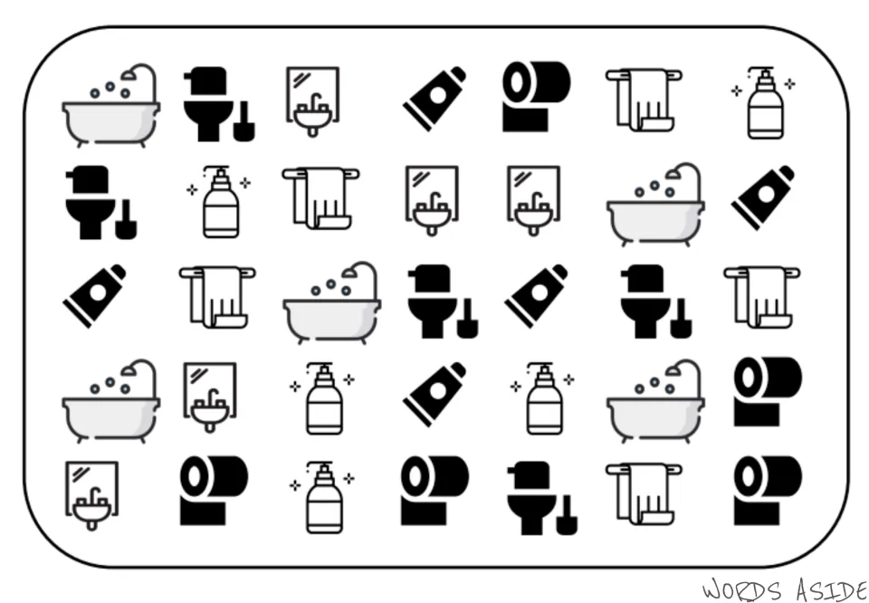 Bathroom vocabulary mat with 35 symbols: five each of bathtub, toilet, sink, toothpaste, paper, towel, and soap