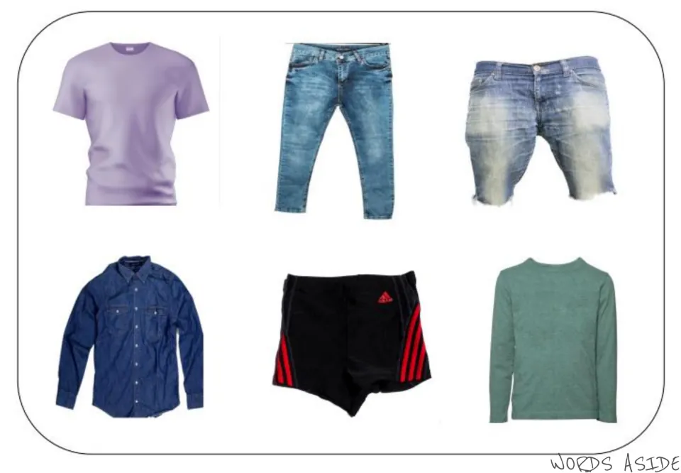 Clothes vocabulary photo mat showing a T-shirt, jeans, denim shorts, button-up shirt, athletic shorts, and sweater