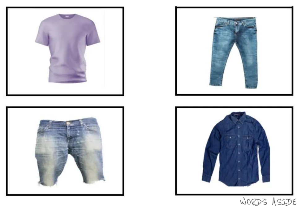 Clothes vocabulary photo cards 1–4 of seven: a purple T-shirt, blue jeans, denim shorts, and a button-up shirt