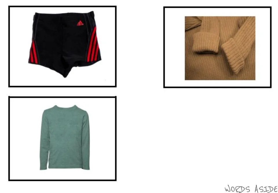 Clothes vocabulary photo cards 5–7 of seven: black athletic shorts, a brown knit sweater detail, and a green sweater