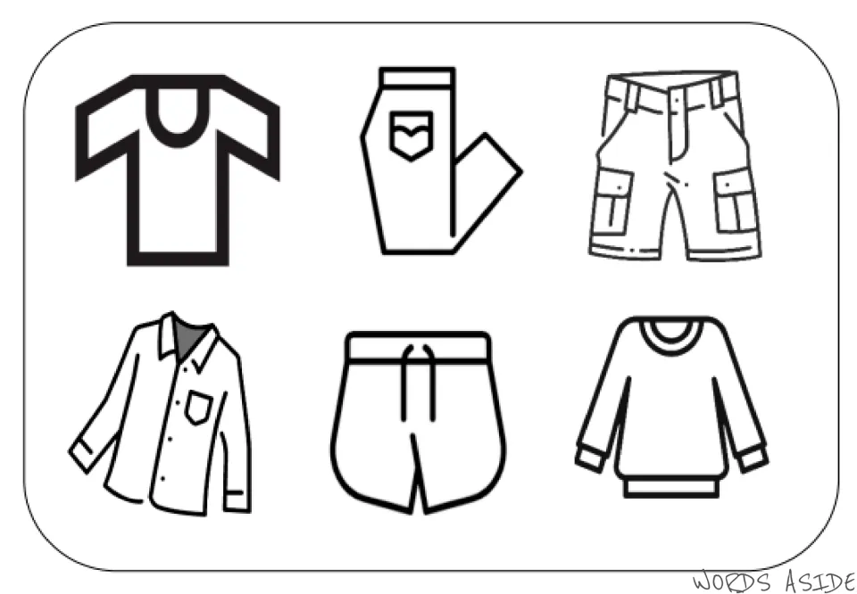 Clothes vocabulary symbol mat showing a T-shirt, pants, cargo shorts, button-up shirt, athletic shorts, and sweater