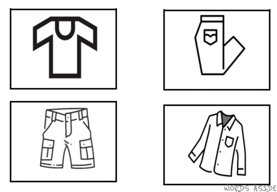 Clothes vocabulary symbol cards 1–4 of the first seven-card set: T-shirt, pants, cargo shorts, and button-up shirt