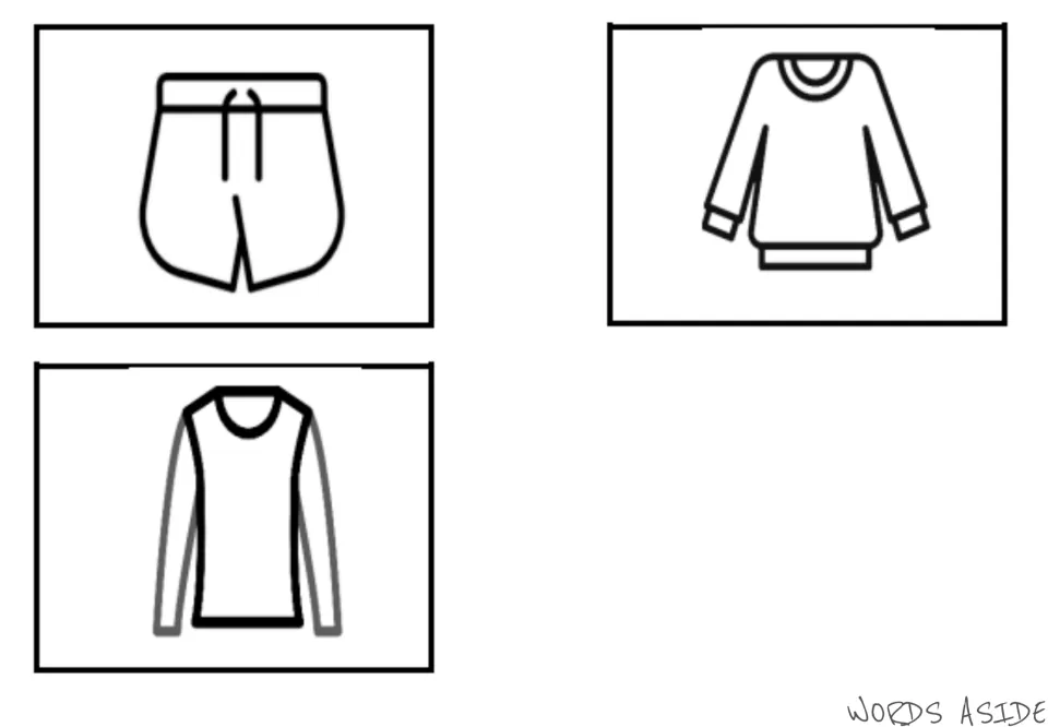 Clothes vocabulary symbol cards 5–7 of the first seven-card set: athletic shorts, a sweater, and a long-sleeve shirt