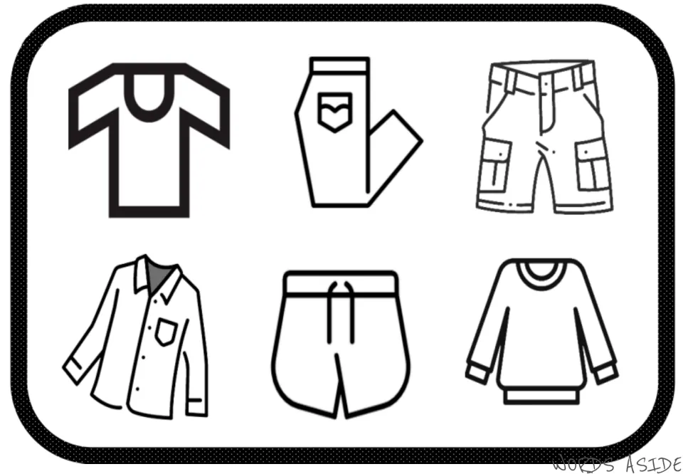 Second clothes vocabulary symbol mat: T-shirt, pants, cargo shorts, button-up shirt, athletic shorts, and sweater
