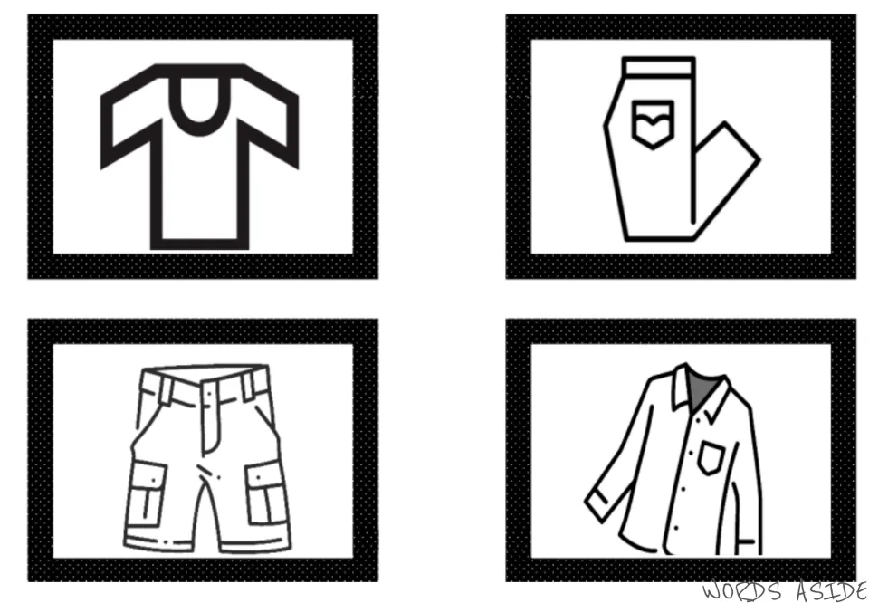 Clothes vocabulary symbol cards 1–4 of the second seven-card set: T-shirt, pants, cargo shorts, and button-up shirt