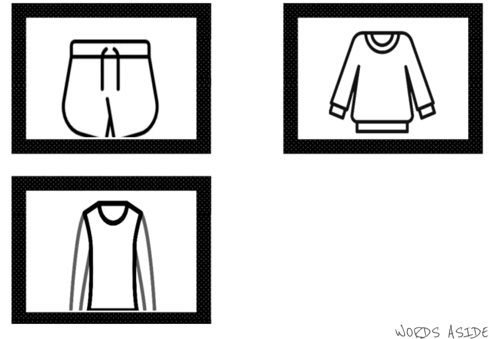 Clothes vocabulary symbol cards 5–7 of the second seven-card set: athletic shorts, sweater, and long-sleeve shirt