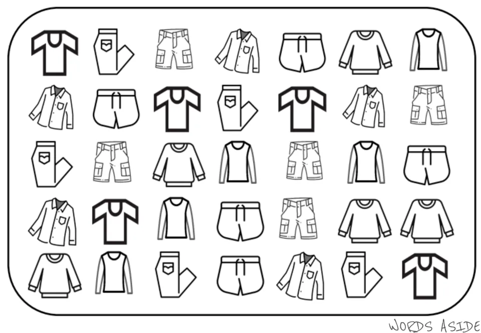 Clothes vocabulary mat with 35 symbols: five each of T-shirts, pants, cargo shorts, and four other clothing types