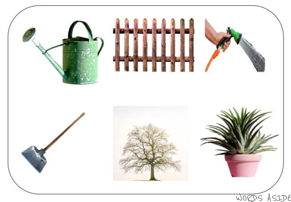 Garden vocabulary photo mat showing a watering can, fence, hose, shovel, tree, and potted plant
