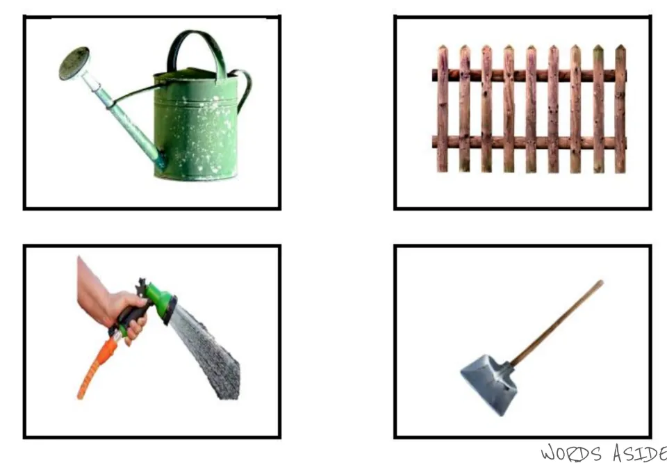 Garden vocabulary photo cards 1–4: watering can, fence, hose, and shovel, matching the photo mat