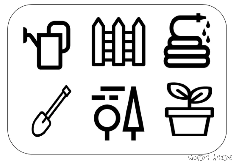 First garden symbol mat for vocabulary: watering can, fence, hose, shovel, trees, and potted plant