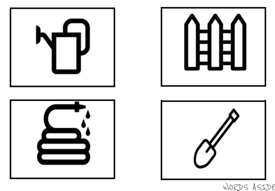 Garden vocabulary symbol cards 1–4 in the first set: watering can, fence, hose, and shovel