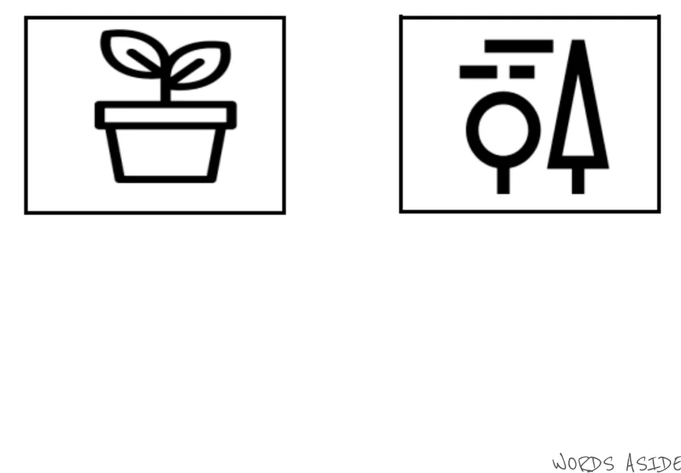 Garden vocabulary symbol cards 5–6 in the first set: potted plant and trees, matching the first symbol mat