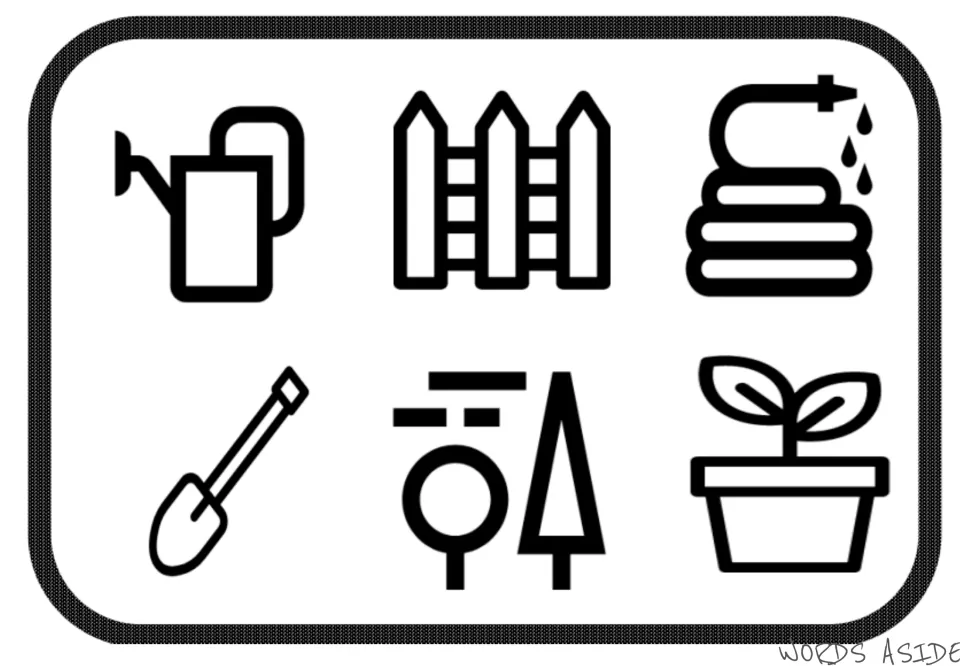 Second garden symbol mat for vocabulary: watering can, fence, hose, shovel, trees, and potted plant