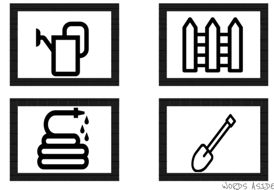 Garden vocabulary symbol cards 1–4 in the second set: watering can, fence, hose, and shovel