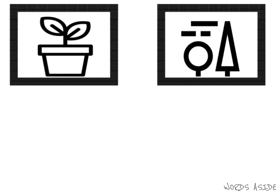 Garden vocabulary symbol cards 5–6 in the second set: potted plant and trees, matching the second symbol mat