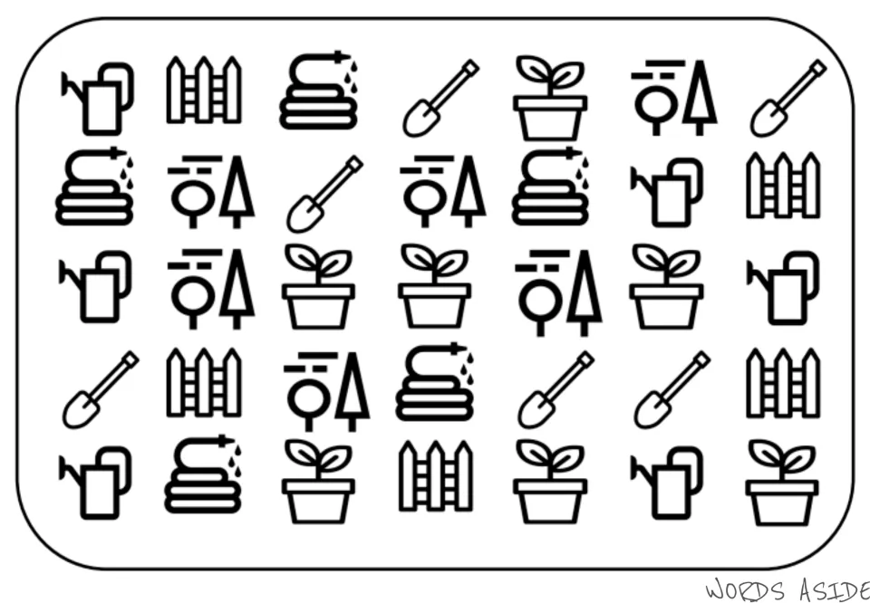 Garden vocabulary mat with 35 repeated symbols: watering cans, fences, hoses, shovels, plants, and trees