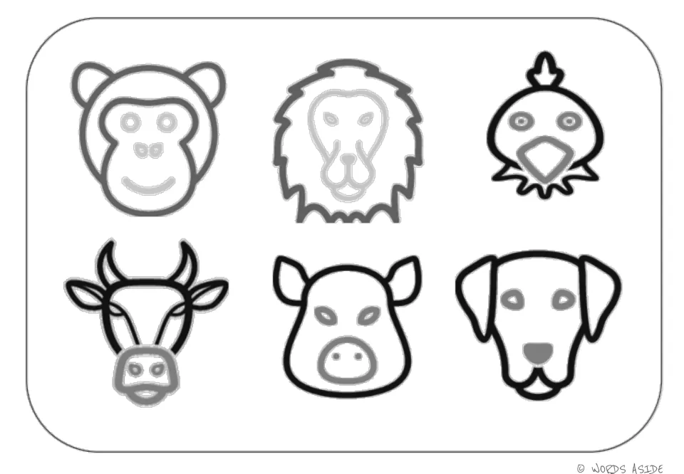 Animal vocabulary symbol mat for matching: monkey, lion, chicken, cow, pig, and dog in outline drawings