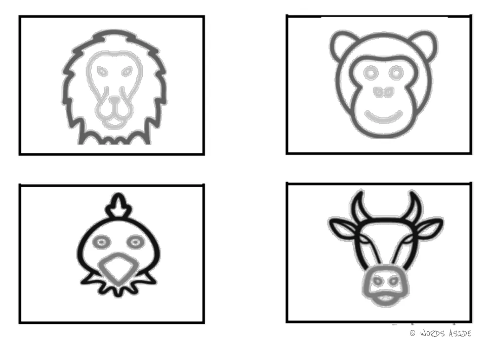 Animal vocabulary symbol cards 1–4 for the first illustrated mat: lion, monkey, chicken, and cow