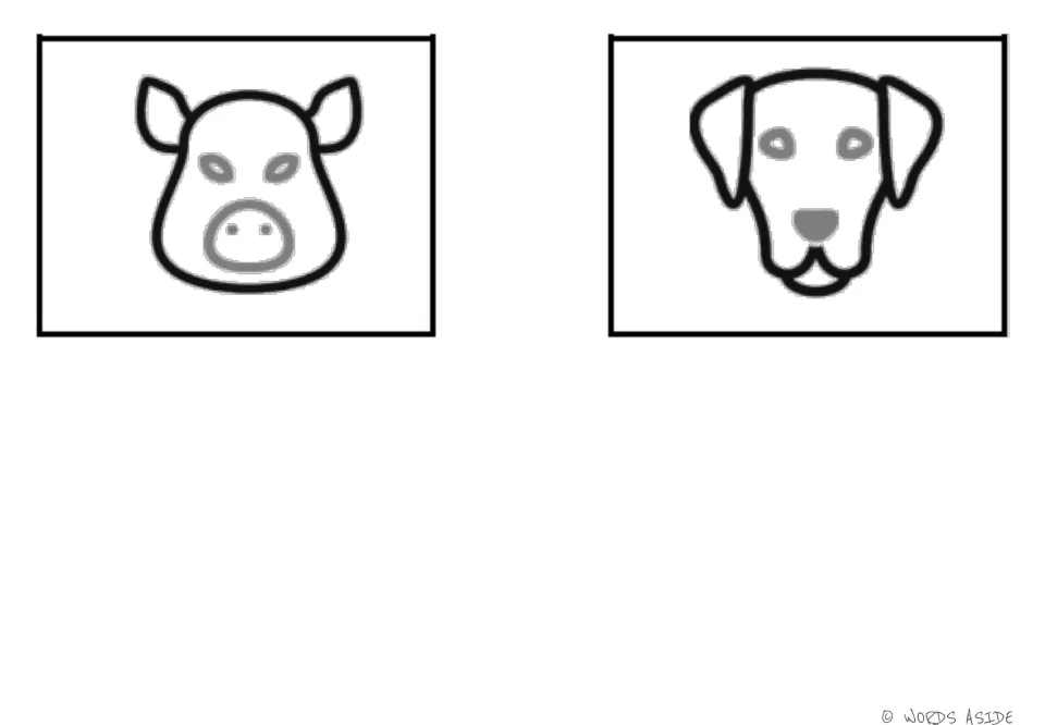 Animal vocabulary symbol cards 5–6 for the first illustrated mat: pig and dog, completing this set