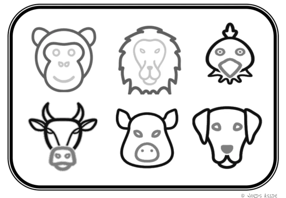 Second animal vocabulary symbol mat for matching, featuring monkey, lion, chicken, cow, pig, and dog