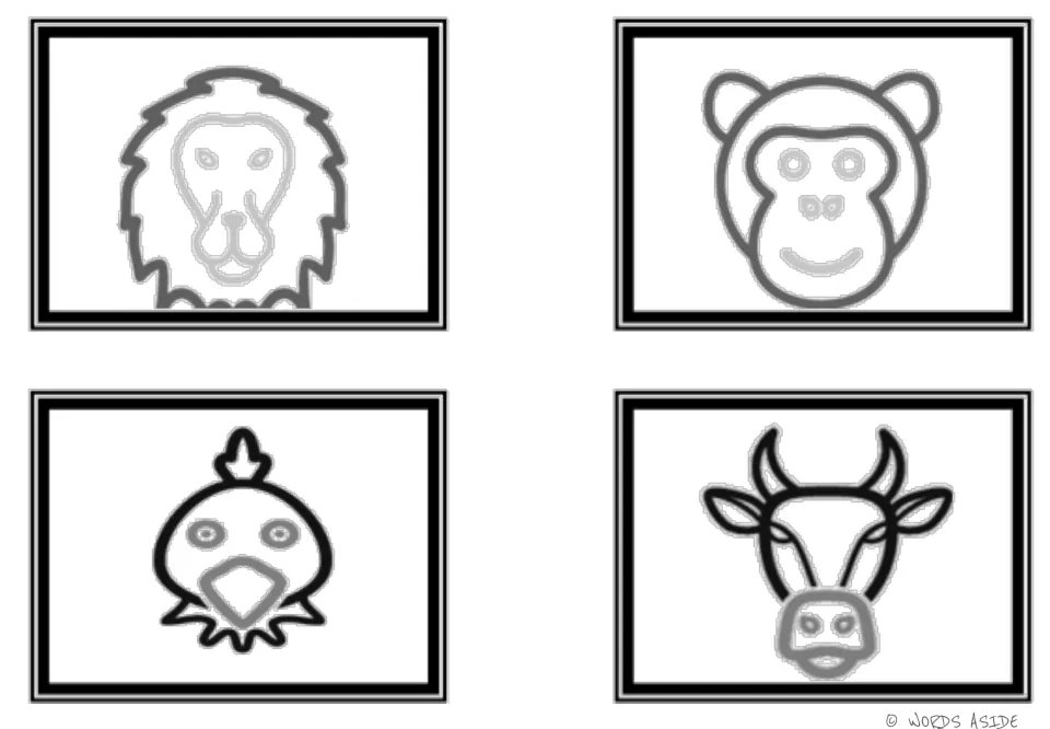 Animal vocabulary symbol cards 1–4 for the second illustrated mat: lion, monkey, chicken, and cow