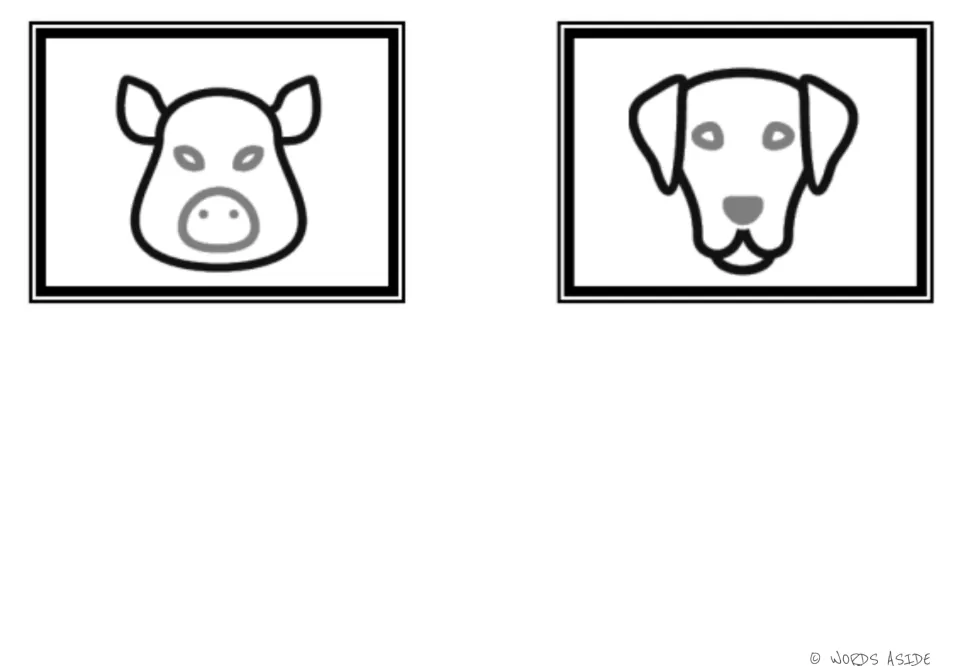 Animal vocabulary symbol cards 5–6 for the second illustrated mat: pig and dog, completing this set
