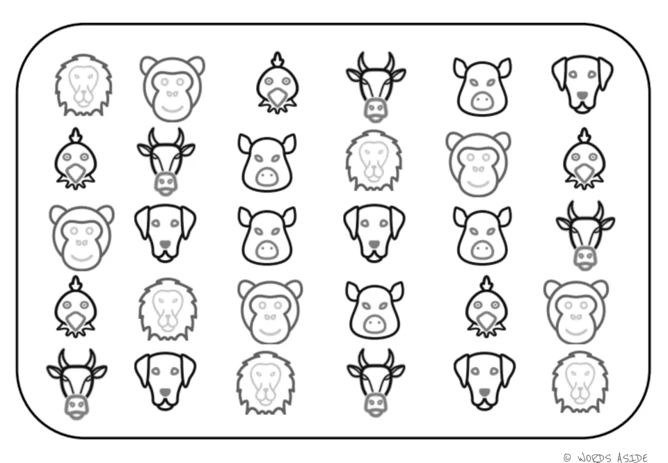 Animal vocabulary mat with 30 symbols: five each of lion, monkey, chicken, cow, pig, and dog for matching