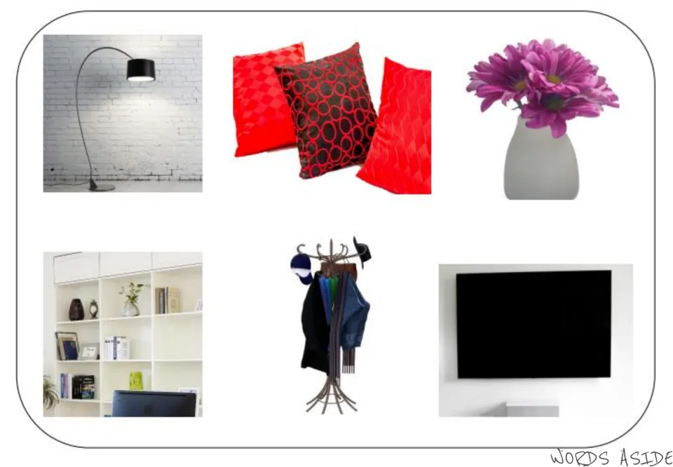 Living room vocabulary photo mat showing a lamp, pillows, flowers in a vase, shelves, coat rack, and TV