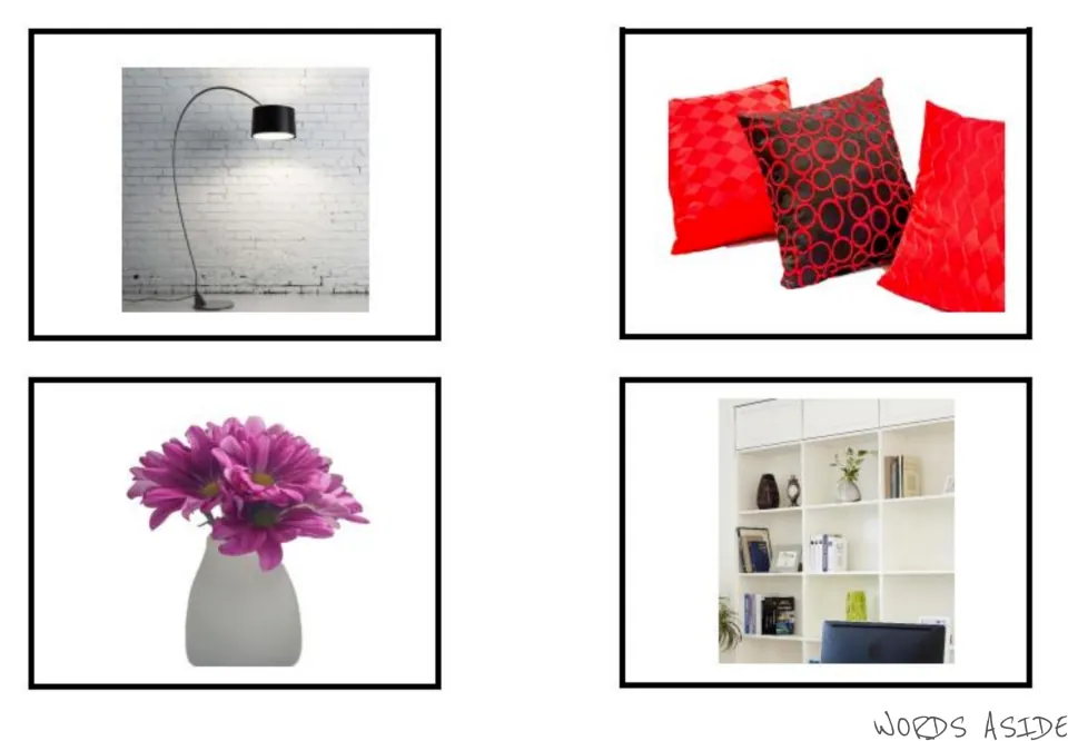 Living room vocabulary photo cards 1–4: a floor lamp, pillows, flowers in a vase, and shelving