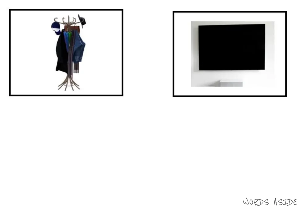 Living room vocabulary photo cards 5–6: a coat rack holding clothing and a wall-mounted television