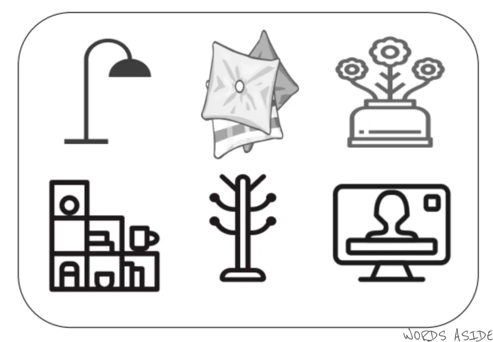 Living room vocabulary illustrated mat: a lamp, pillows, flowers in a vase, shelves, coat rack, and TV