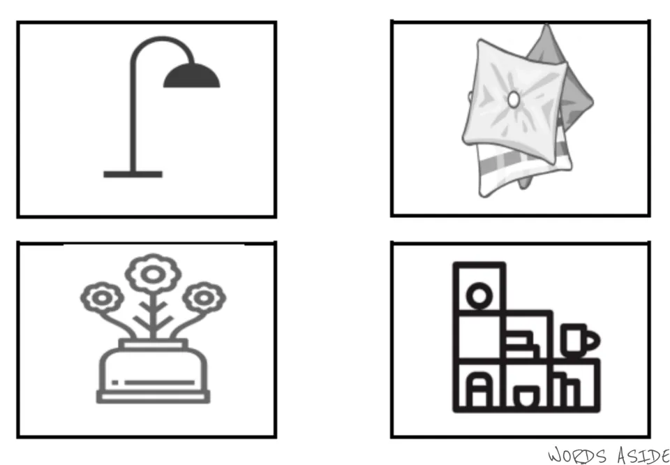 Living room illustrated vocabulary cards 1–4: a floor lamp, pillows, flowers in a vase, and shelves