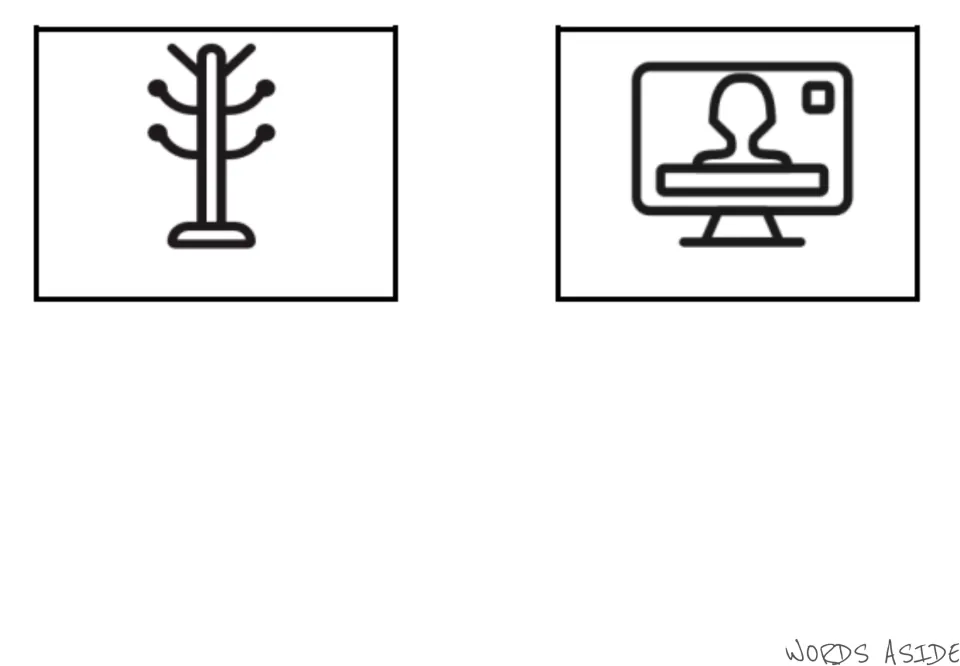 Living room illustrated vocabulary cards 5–6: a freestanding coat rack and a TV displaying a person