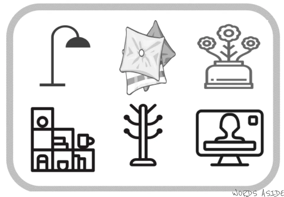 Second illustrated living room mat showing a lamp, pillows, flowers, shelves, coat rack, and television
