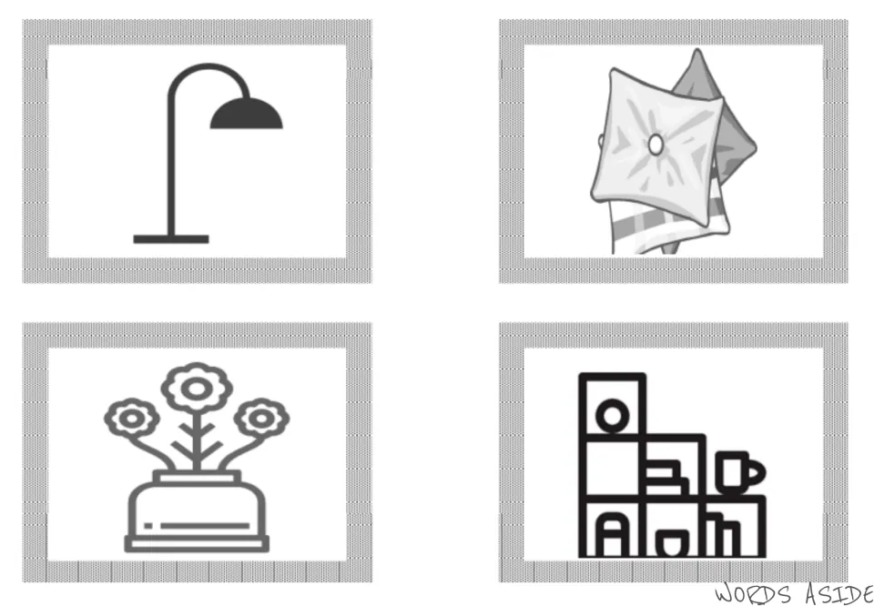 Second set of living room illustrated cards, 1–4: a lamp, pillows, flowers in a vase, and shelves