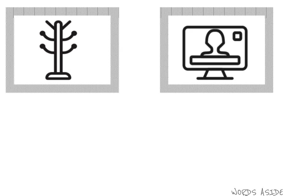 Second set of living room illustrated cards, 5–6: a coat rack and a television showing a person