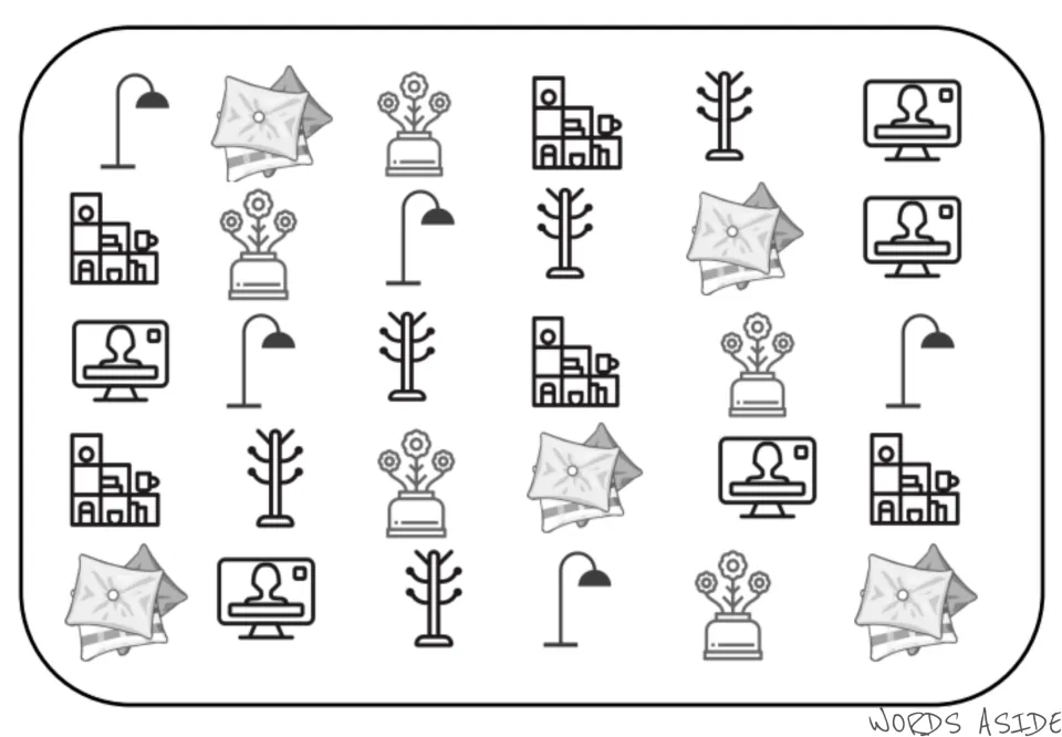 Living room vocabulary sheet with 30 pictures repeating lamps, pillows, flowers, shelves, coat racks, and TVs