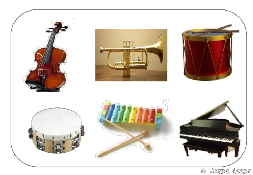 Music vocabulary photo mat showing a violin, trumpet, drum, tambourine, xylophone, and piano for matching