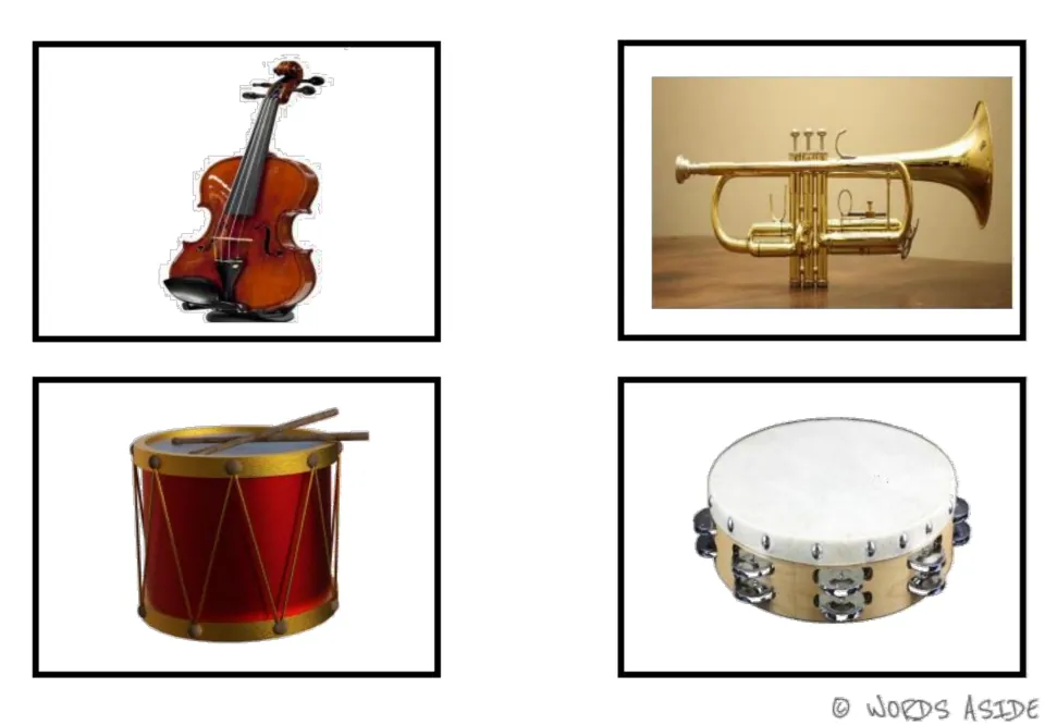 Music vocabulary photo cards 1–4 of the six-card set: violin, trumpet, drum, and tambourine for matching