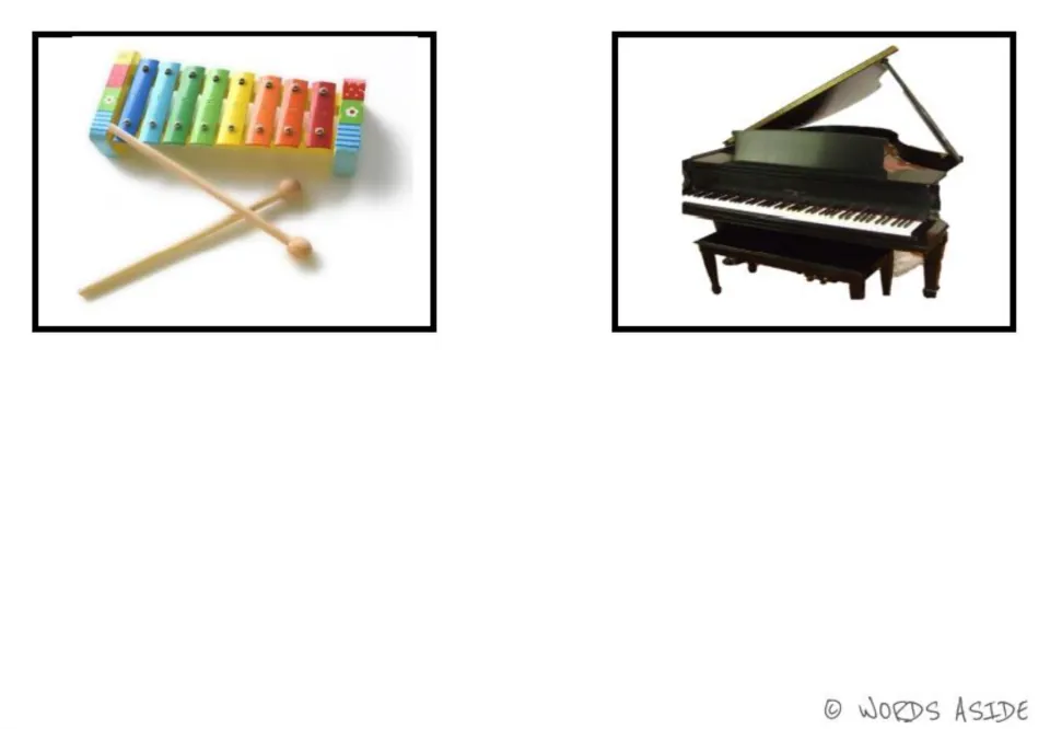 Music vocabulary photo cards 5–6 of the six-card set: a colorful xylophone with mallets and a grand piano