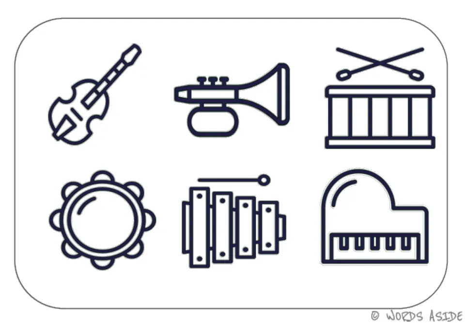 Music vocabulary outline mat showing a violin, trumpet, drum, tambourine, xylophone, and piano for matching